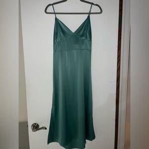 Pink Rose Teal Satin Midi Dress - Size L, fits like a M